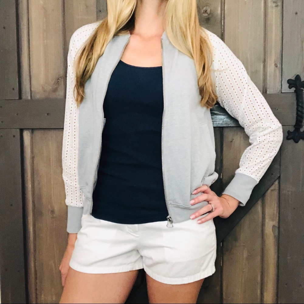 GAP Gray and White Eyelet Sleeve Zip-Up Jacket - Picture 1 of 8